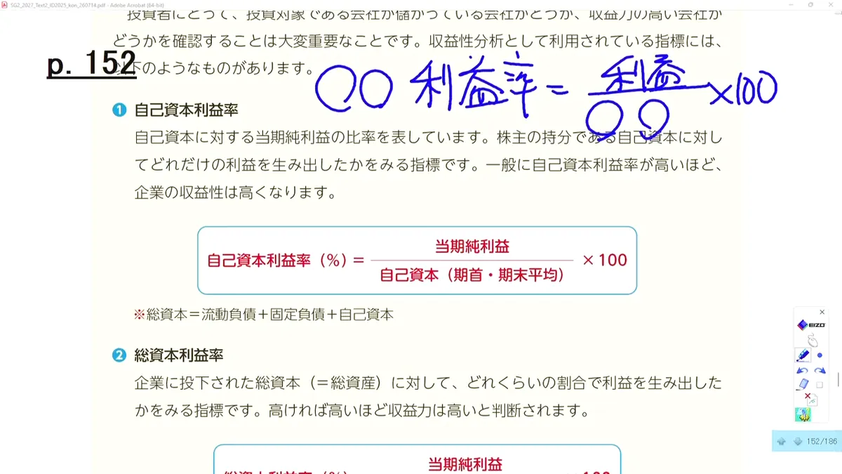 「〇〇利益率=利益÷〇〇×100」という覚え方の板書