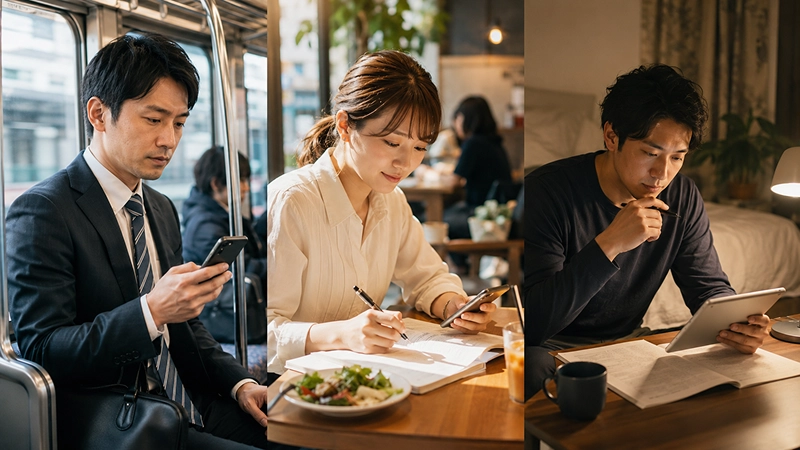 通勤電車・カフェ・自宅のすきま時間にスマートフォンやタブレットで学習する社会人