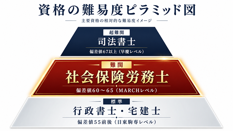 資格難易度ピラミッド:社労士はMARCHレベルに位置