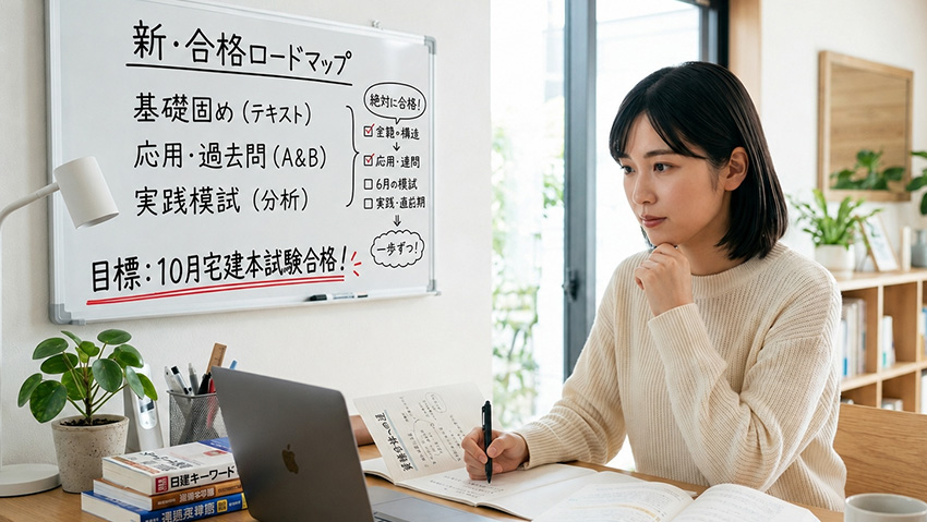 宅建本試験に向けて学習する女性