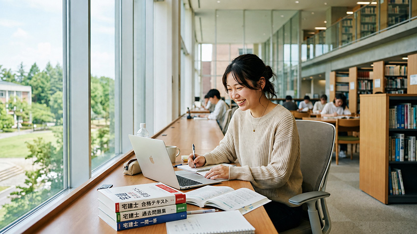 図書館で宅建士の資格勉強をしている様子