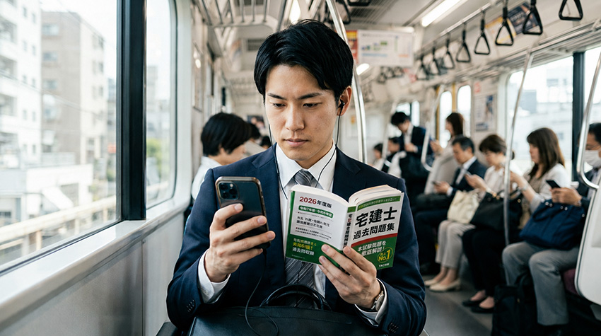 通勤電車内でスキマ時間を使って学習する社会人