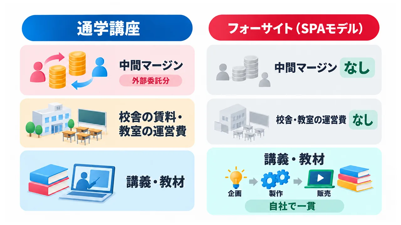 通学講座とフォーサイトのコスト構造の違いを示す図。通学講座は校舎・教室の運営費や中間マージンがかかり、フォーサイトは企画から販売まで自社で行うためそれらがかからない