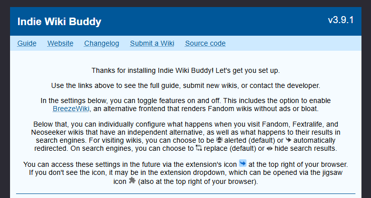 Indie Wiki Buddy設定画面