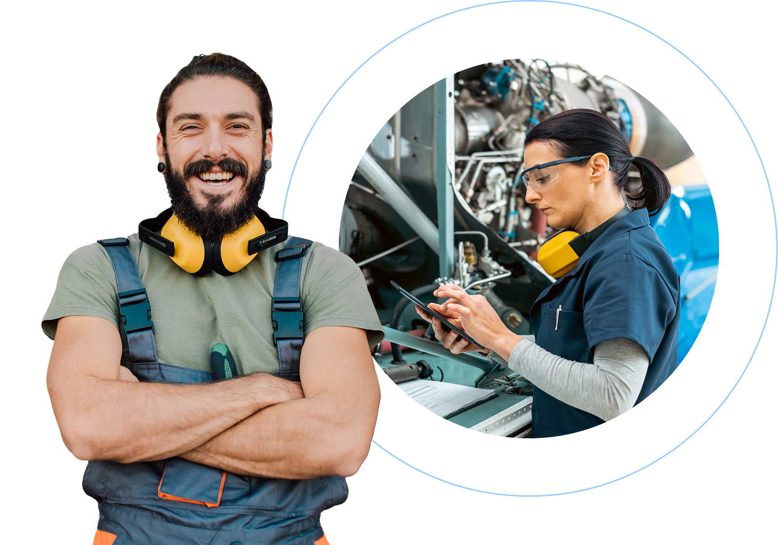 Smiling male aviation maintenance technician wearing yellow ear protection and work vest with crossed arms, positioned next to a circular image showing a female technician using a tablet to document aircraft engine maintenance procedures. This represents the complete Airframe and Powerplant (A&P) certification program combining both structural and engine systems training, where students master technical skills in electrical systems, regulatory compliance, preventative maintenance, and advanced troubleshooting through expert instruction and intensive hands-on projects at Miami Dade College aviation facility.