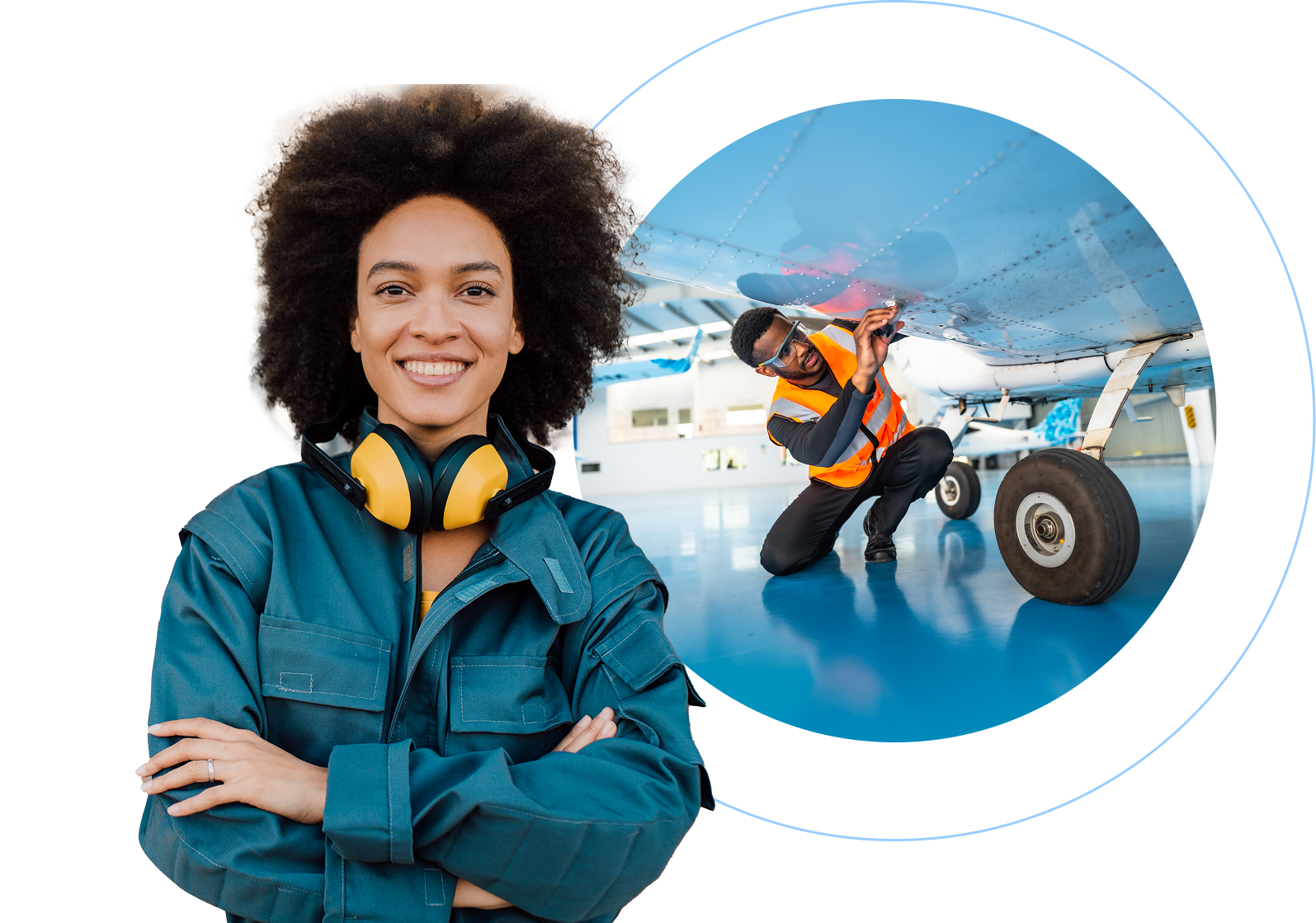 Confident female aviation maintenance technician wearing safety ear protection and teal work uniform with arms crossed, standing beside a circular inset showing a maintenance professional inspecting aircraft landing gear on the tarmac. This image illustrates the comprehensive airframe certification training covering aircraft structural repair, advanced systems maintenance, and hands-on practical experience students receive in Miami Dade College FAA-certified Part 147 Aviation Maintenance Technician program, preparing them for successful careers in the aviation industry.