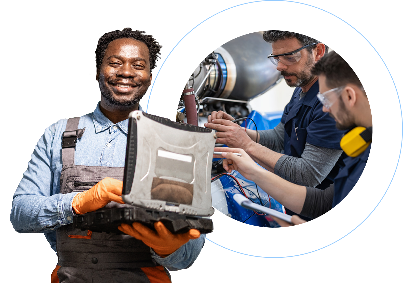 Professional aviation maintenance technician holding a diagnostic tablet in work uniform with safety gear, alongside colleagues in a maintenance facility working on an aircraft turbine engine. The image represents hands-on powerplant certification training where students learn to inspect, maintain, and repair aircraft engine systems including reciprocating and turbine engines under FAA-approved curriculum standards at Miami Dade College Aviation Maintenance Technician program.