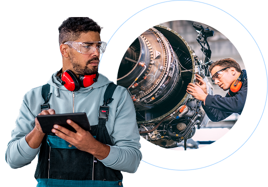 Alt text: Technical professional in safety glasses and red headphones stands holding a tablet, wearing a gray and teal work vest. Composite image with a circular inset showing a detailed view of an aircraft engine, with another technician in protective hearing equipment working closely on mechanical components. The scene conveys precision aerospace maintenance and digital monitoring, with a clean, professional industrial aesthetic emphasizing technology and skilled technical expertise.