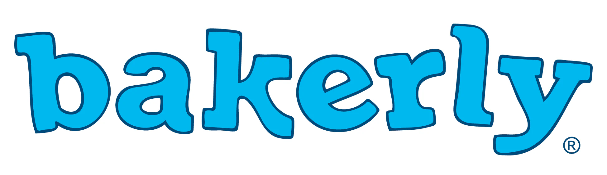 Bakerly logo in bold, rounded lowercase letters rendered in a vibrant, saturated blue color with a slight dimensional effect and a thin darker blue outline. The wordmark has a friendly, modern typographic style with soft, playful curves. Registered trademark symbol appears in small text at the bottom right corner, indicating this is an official brand logotype against a plain white background.