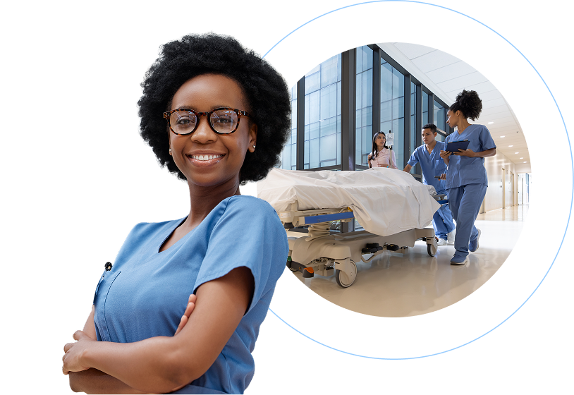 Smiling afroamerican female healthcare professional in blue scrubs with arms crossed; in a circular inset, medical staff push a gurney down a hospital.