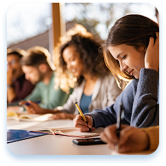 A group of diverse students sit at a classroom table, intently focused on writing or taking notes. Soft natural light filters through a window, illuminating the study space. Several students wearing casual clothing lean over notebooks and papers, their heads bowed in concentration. The classroom appears warm and studious, with wooden tables and a scholarly atmosphere. In the foreground, a student in a blue sweater writes carefully, her posture suggesting deep engagement with her work. Other students are partially visible in the background, creating a sense of shared academic purpose and collaborative learning environment.