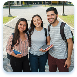 Three young students standing together on a sidewalk, wearing casual clothing. From left to right: a woman in a vertical striped pink and white shirt holding a blue notebook, a woman in a solid gray t-shirt at the center, and a man on the right wearing a gray striped shirt and backpack. They are smiling and appear relaxed, standing on a concrete pathway with trees and grass in the background. The students look like they are on a college campus or educational setting, dressed comfortably and carrying academic materials. The lighting suggests a daytime outdoor scene with soft, natural illumination.