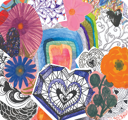 Vibrant mixed-media art collage featuring a colorful, layered composition of hand-drawn and painted elements. Geometric and organic shapes overlap in a playful design, including a blue and orange color-blocked shape, a detailed mandala-style heart with intricate black and white patterns, bold blue and orange flowers, and pink and purple abstract forms. The artwork combines various artistic techniques - watercolor, line drawing, and graphic design - creating a dynamic, energetic visual landscape with a whimsical, creative spirit. Sketchy black and white decorative elements and colorful painted sections provide visual texture and depth.