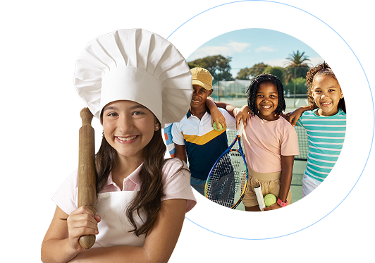 Composite image featuring a young person in a white chef's hat and apron, smiling and holding a wooden rolling pin. Circular inset shows three children outdoors, dressed in colorful clothing - one wearing a yellow cap and holding a tennis racket, two others standing nearby. The background is a light blue circular frame with a blurry outdoor landscape suggesting a summer camp or recreational setting. The image conveys a cheerful, active mood highlighting different activities for children, with bright, vibrant colors and enthusiastic expressions.