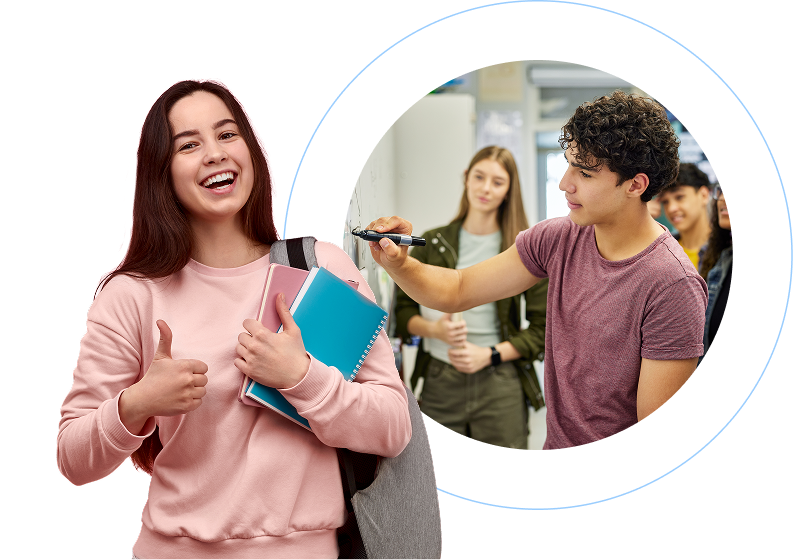 Teens with girl holding books and smiling
