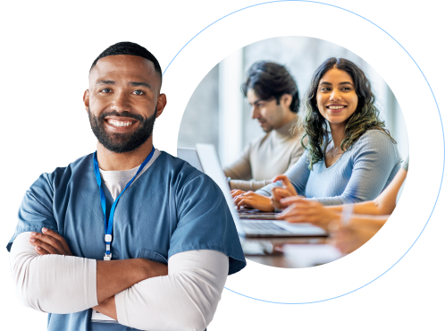 Professional medical setting featuring a confident healthcare worker in blue scrubs with a warm smile, standing with crossed arms in the foreground. In a circular inset to the right, two colleagues collaborate at a laptop, with a smiling woman in a light blue top prominently visible and another professional partially visible in the background. The image conveys a sense of teamwork, diversity, and collaborative healthcare education with soft, professional color tones and a bright, welcoming atmosphere.