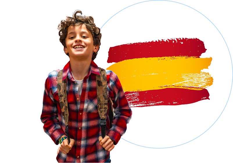 Kid walking with backpack with a spanisg flag icon