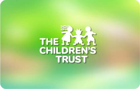 A horizontal rectangular card with a blurry, soft green and white gradient background. At the center is the white logo for "THE CHILDREN'S TRUST"