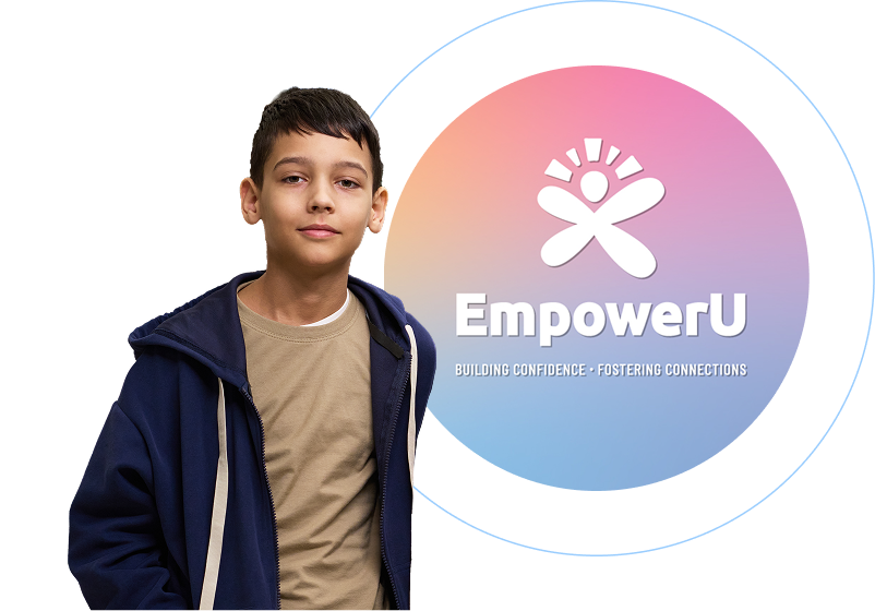 A young boy in a tan shirt and open navy blue hoodie stands to the left of a circular "EmpowerU" logo. The logo features a stylized white stick figure with raised arms on a pastel gradient background of pink, orange, and blue, with the tagline "BUILDING CONFIDENCE • FOSTERING CONNECTIONS" written underneath.