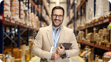 Cheerful male ftz manager standing in a large distribution warehouse, smiling while holding a digital tablet.