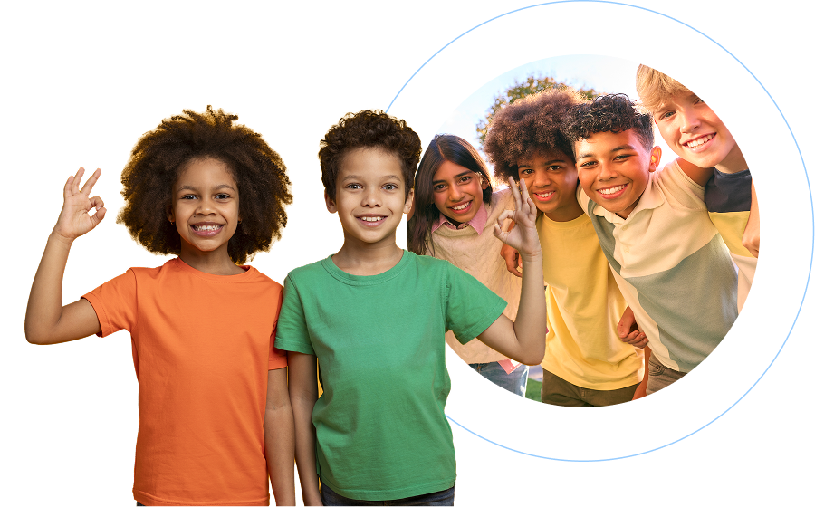 Two images of a group of young kids making the ok sign with one hand, and another diverse group of kids outside in an group hug