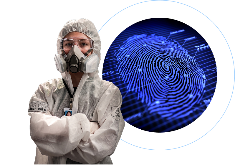 A composite graphic featuring a forensic investigator and a digital fingerprint analysis. On the left, a person is dressed in a full white biohazard suit, safety goggles, and a dual-filter respirator mask, standing with arms crossed. To the right, a large circular inset displays a glowing blue digital fingerprint with various data points and forensic markers highlighted across the ridges.