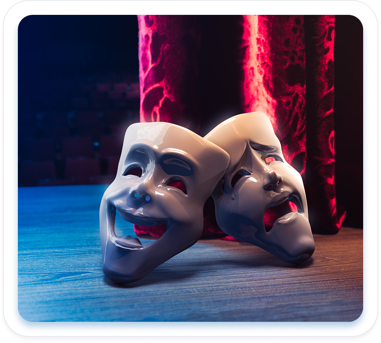 Classic comedy and tragedy theatre masks resting on a wooden stage in front of a red curtain, lit in blue and red light.