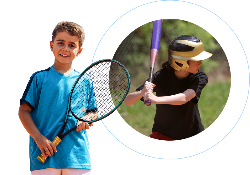 A young boy in a blue t-shirt holding a tennis racket next to a circular inset photo of a child in a batting helmet swinging a baseball bat.