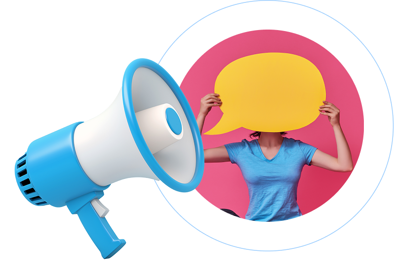 A magaphone and a female teen holding a dialog box