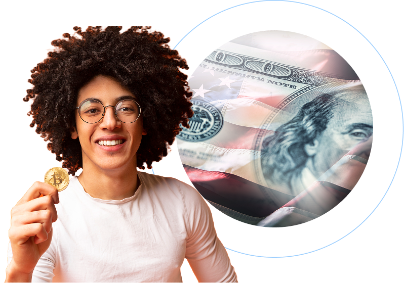Cheerful young teenager holding golden bitcoin