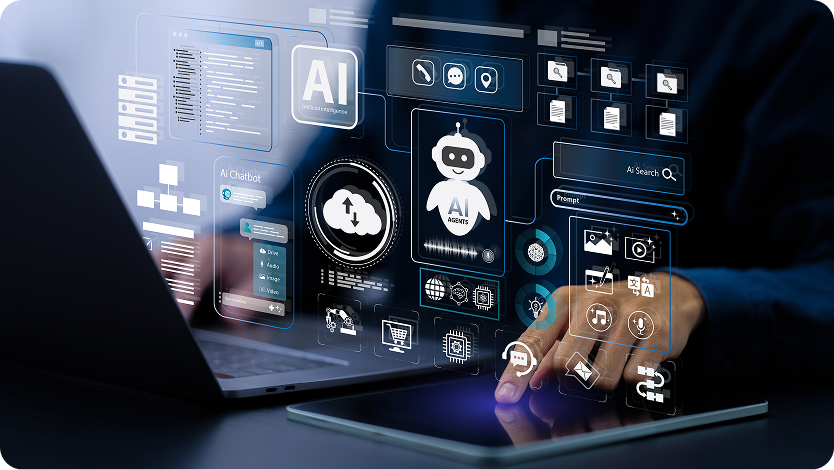 A person interacting with a digital tablet displaying an futuristic user interface with various AI, chatbot, and cloud computing icons alongside a laptop.