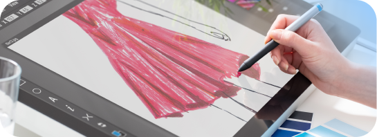 A hand using a stylus to draw a red dress sketch on a tablet screen.
