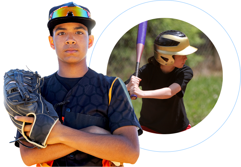 A composite graphic featuring two young baseball players. On the left, a teenage boy in a black jersey and cap stands with his arms crossed, holding a black catcher's mitt. To the right, a smaller circular inset shows a young player in a black shirt and gold helmet mid-swing with a purple baseball bat.