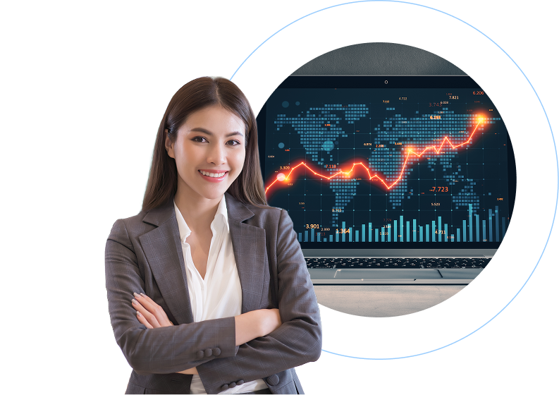 Young girl with laptop with stock market grpahics
