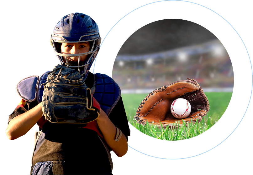 A young baseball catcher is shown from the waist up, wearing a blue helmet with a face cage, a chest protector, and a padded glove held up near their face. A circular inset features a baseball sitting inside a brown leather glove resting on green grass.