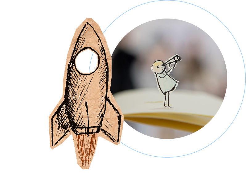 Illustration of a rocket and child watching far away using telescope.