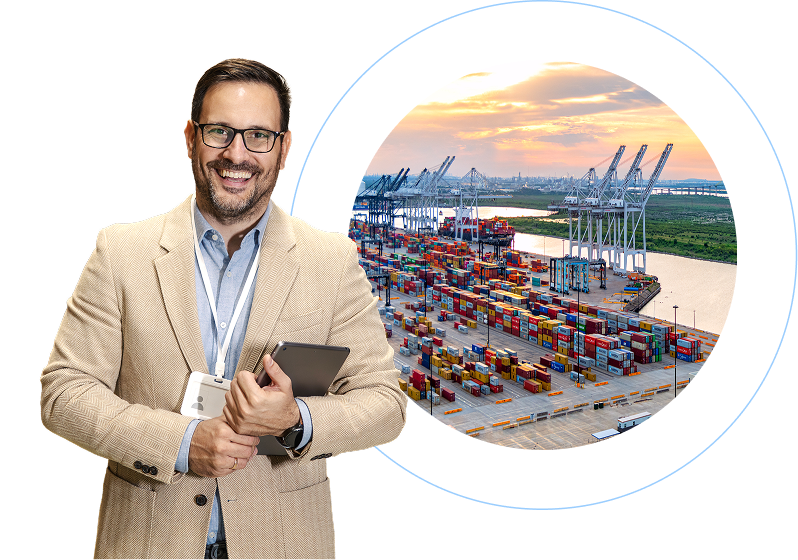FTZ professional in a beige jacket, holding a tablet while smiling. A circular image of a commercial port.