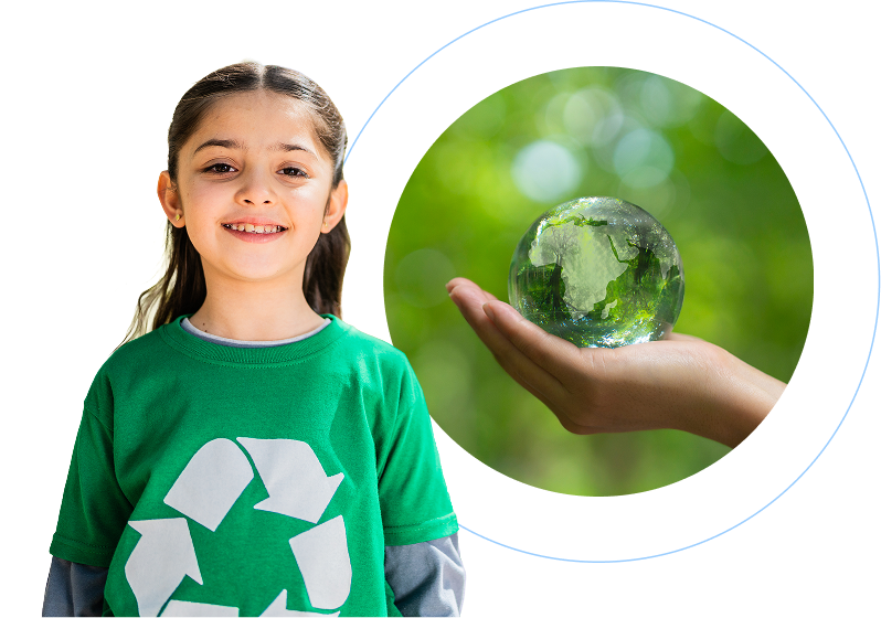 Young girl with a green t-shirt and a hand holding a crystal earth globe
