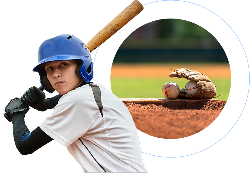 An athletic young person in a blue batting helmet and white jersey holds a wooden baseball bat over their shoulder, ready to swing. To the right, a circular inset shows a close-up of a baseball glove resting on a dirt mound with two baseballs.