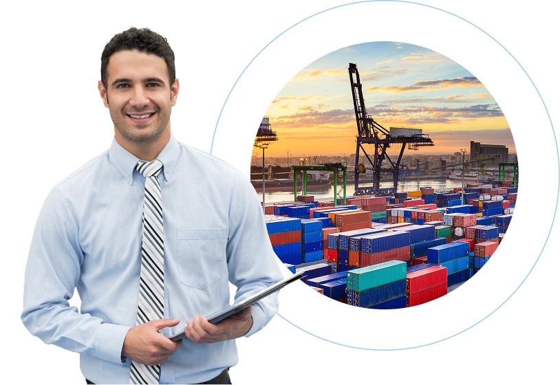 A smiling professional man in a light blue dress shirt and striped tie holding a tablet. To his right, a circular graphic overlay features a bustling shipping port at sunset, filled with colorful stacked cargo containers and a large industrial crane.