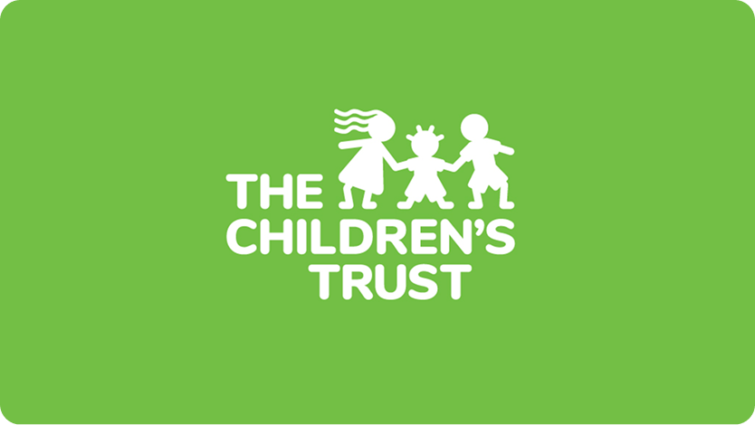 Logo for The Children's Trust, featuring a white silhouette of three children holding hands next to the text "THE CHILDREN'S TRUST" on a solid green background.