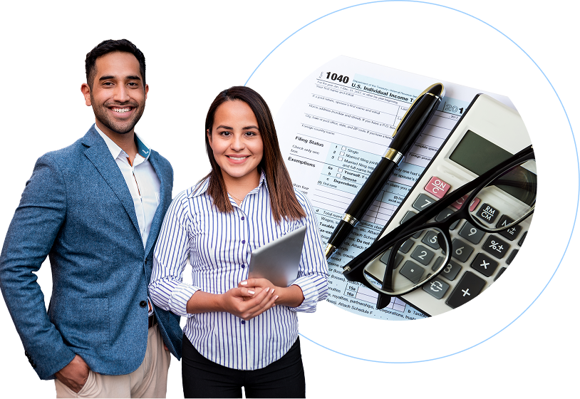 A smiling man and woman standing next to a graphic showing an IRS Form 1040, a calculator, a pen, and eyeglasses