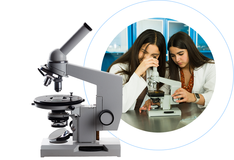 A laboratory microscope on the left, with a circular inset graphic on the right showing two female students in white lab coats looking through a microscope together.