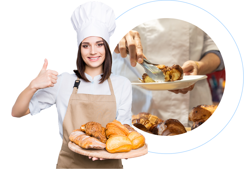 Young woman with a chef hat presenting a tray full of bread