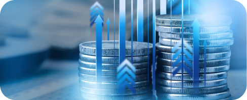 Pile of coins with arrow signs pointing up