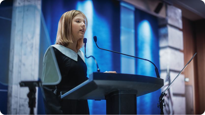 Portrait of an Young Girl Delivering an Emotional and Powerful Speech