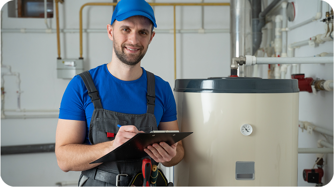 A smiling male plumber in a blue t-shirt, cap, and grey overalls holding a clipboard and pen while standing next to a large cream-colored water heater in a utility room.