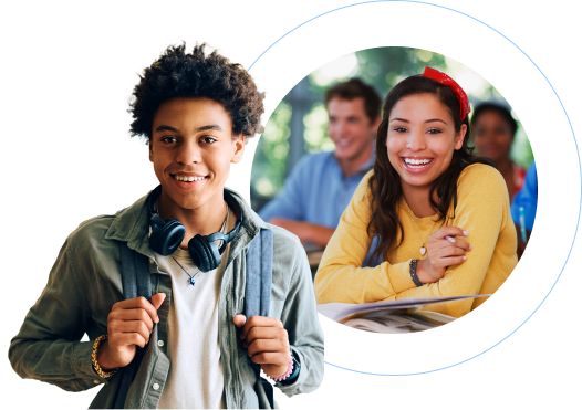 A circular-framed composition featuring two young students in an educational setting. On the left, a smiling student with curly hair wears an olive green jacket and white shirt, with headphones around his neck and a backpack strap visible. On the right, within a blue-rimmed circle, a young woman in a bright yellow sweater sits at a desk, leaning forward with a warm smile. Background shows blurred classroom elements with other students. The image conveys a positive, engaging academic atmosphere with students looking confident and enthusiastic about learning.