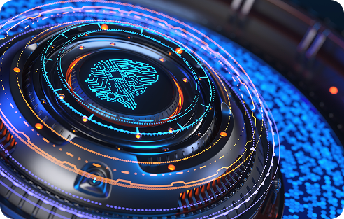 Futuristic digital visualization of a circular technological interface, featuring multiple layered rings in metallic blue, black, and vibrant orange tones. Complex circular circuitry and circuit board-like patterns radiate from a central cybernetic brain/neural network icon. Intricate glowing digital elements and concentric rings create a sense of depth, technological sophistication, and interconnected intelligence. High-resolution 3D rendering suggests advanced computing, artificial intelligence, or data processing concept with sleek, dynamic visual design emphasizing technological innovation and complexity.