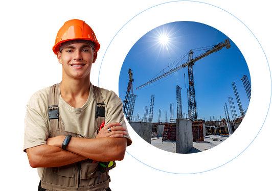 A smiling teenager construction worker in an orange hard hat and work overalls standing with arms crossed next to a circular inset showing a construction site with cranes and concrete pillars under a bright sun.
